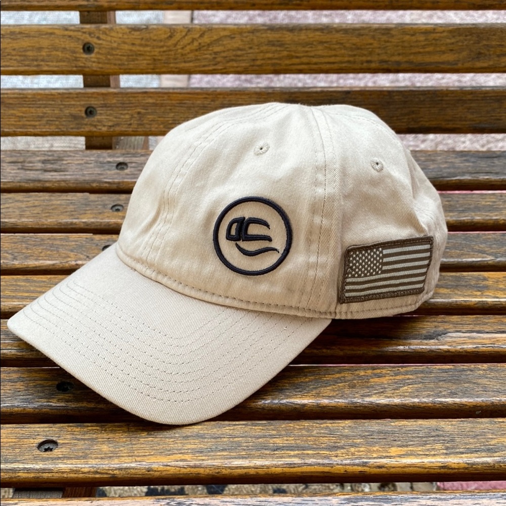 Patriotic khaki Baseball Cap with USA flag Logo NWOT 6 panel hat